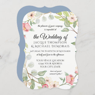 Bracket Frame Blue n Blush Pink Watercolor Flowers Invitation