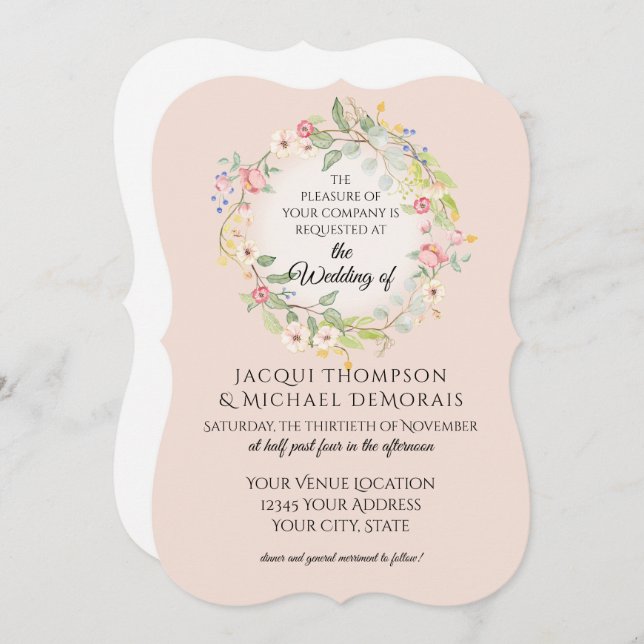 Bracket Shaped Romantic Blush Pink Floral Wedding Invitation (Front/Back)