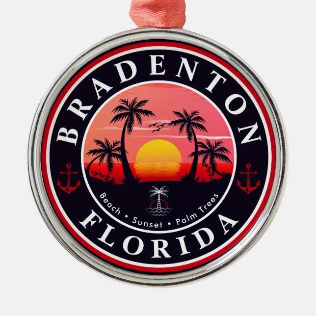 Bradenton Florida Retro Sunset Palm trees 1960s Metal Ornament (Front)