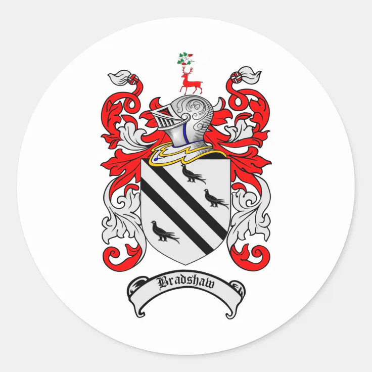 BRADSHAW FAMILY CREST - BRADSHAW COAT OF ARMS CLASSIC ROUND STICKER ...