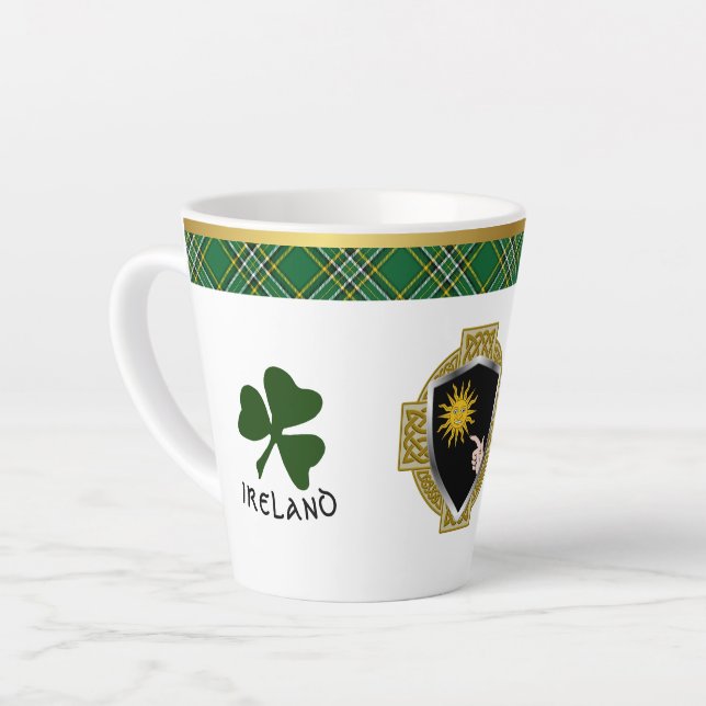 Brady Irish Shield & Tartan Personalized Latte Mug (Left Angle)