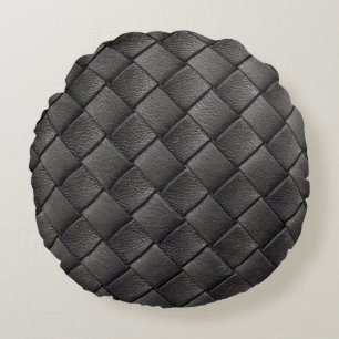 Braided Black Leather: Vintage Texture Round Pillow