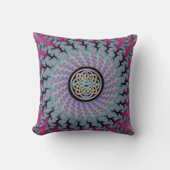Braided Fractal Rug with Rainbow Celtic Knot Throw Pillow (Front)