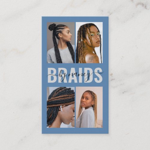Braids Calligraphy Script Photo Collage Dusty Blue Business Card