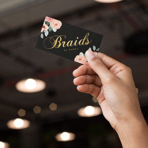 Braids Gold Typography Watercolor Flowers Business Card