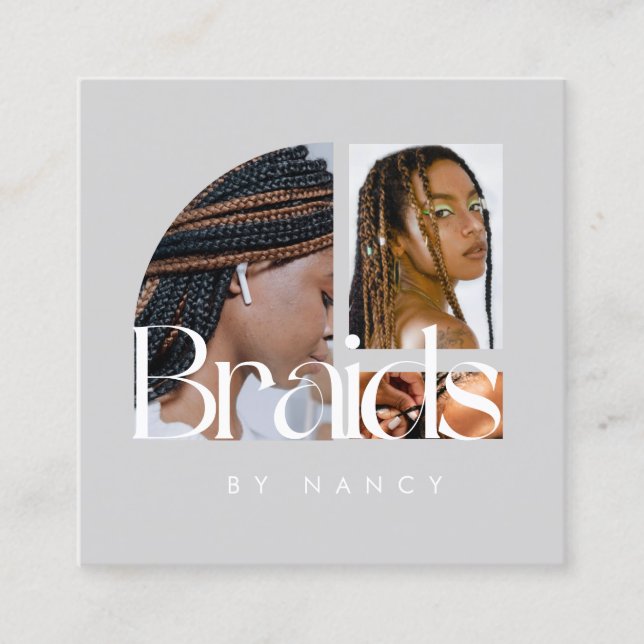 Braids Photo Collage Light Gray Square Business Card (Front)