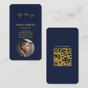 Braids Typography Qr Code Photo Navy And Gold Business Card
