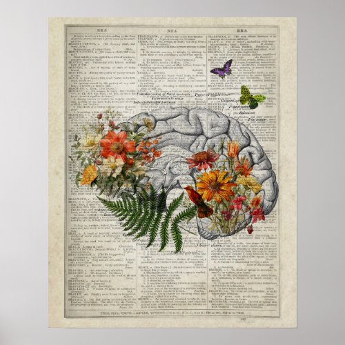 Brain Anatomy Dictionary Art with Flowers Poster