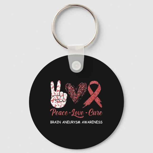Brain Aneurysm Awareness Peace Love Cure Leopard 1 Keychain (Front)