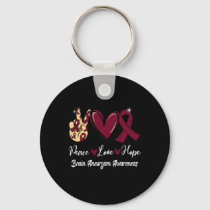 Brain Aneurysm Awareness Peace Love Hope Burgundy  Keychain