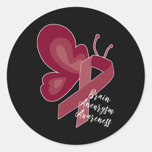 Brain Aneurysm Survivor Awareness Burgundy Butterf Classic Round Sticker