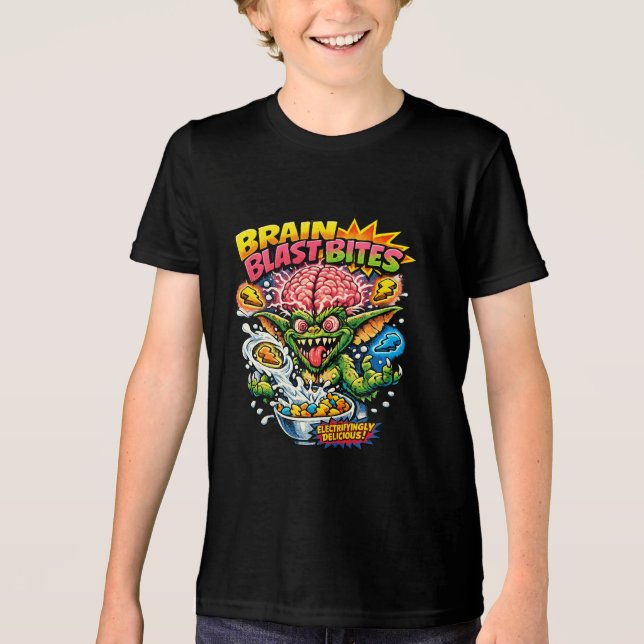 Brain Blast Bites Retro Cartoon Gremlin Cereal Par Tri-Blend Shirt (Front)