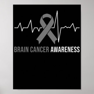 Brain Cancer Awareness Heartbeat Brain Tumor Gray Poster