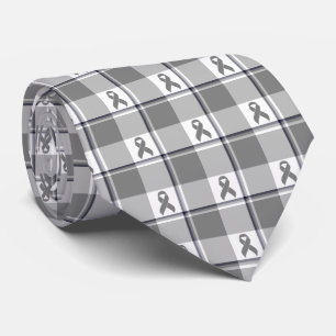 Brain Cancer Awareness Plaid Gray Ribbon Neck Tie