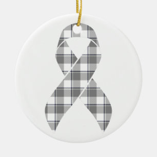 Brain Cancer Awareness Plaid Gray Ribbon Survivor Ceramic Ornament