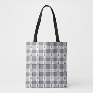 Brain Cancer Awareness Plaid Gray Ribbon Tote Bag