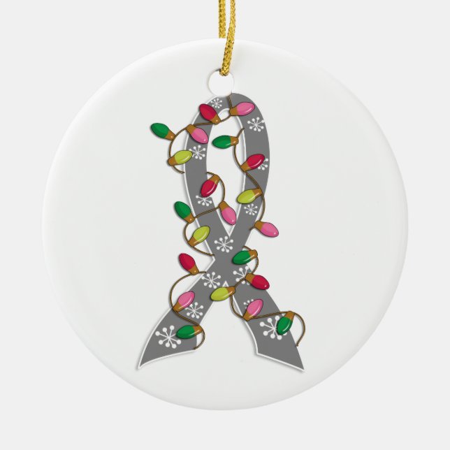 Brain Cancer Christmas Lights Ribbon Ceramic Ornament (Front)