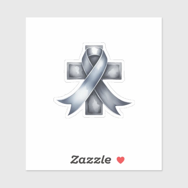 Brain Cancer Grey Ribbon with Cross  Sticker (Sheet)
