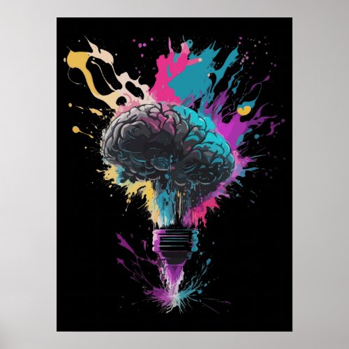 Brain Design With Colorful Bulb Explosion Poster
