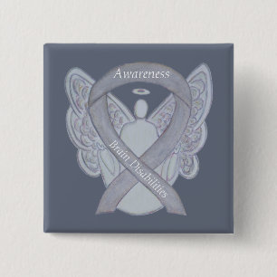 Brain Disabilities Silver Awareness Ribbon Angel Pinback Button