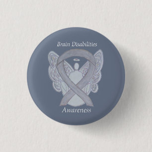Brain Disabilities Silver Awareness Ribbon Angel Pinback Button