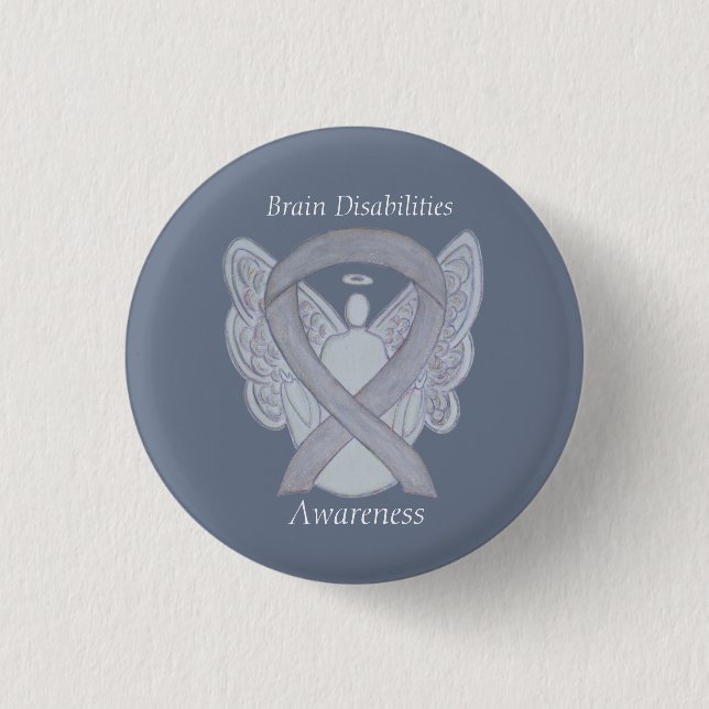 Brain Disabilities Silver Awareness Ribbon Angel Pinback Button (Front)