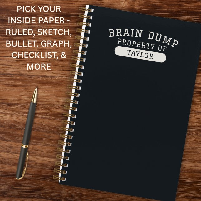 Brain Dump Personalized Name Modern Stylish Black Notebook (Clean collegiate style with a modern edge.)
