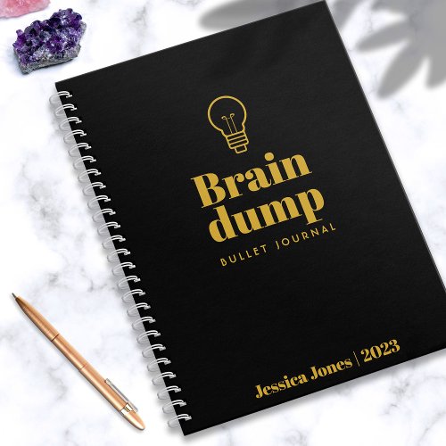 Brain Dump Simple Elegant Black Gold Light Bulb Notebook