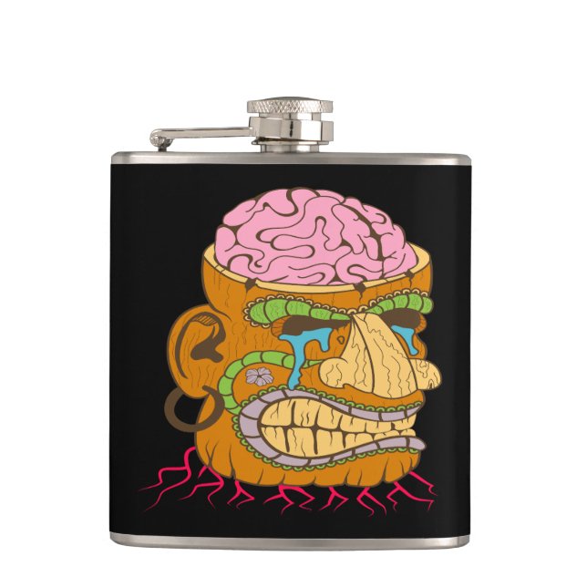 Brain Exposed Tiki Head, Funny Black Flask (Front)