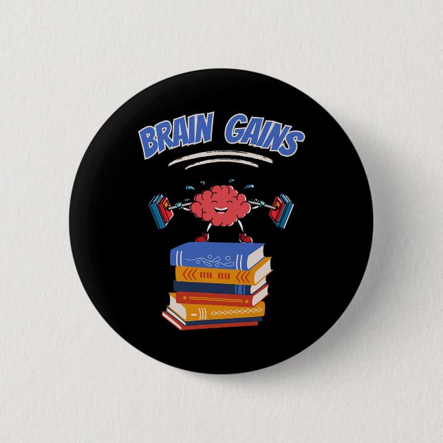 Brain Gains Reading Teacher Book Lover Back To Sch Button (Front)
