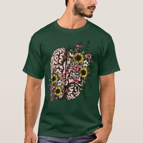 Brain leaves pink flowers and sunflowers Positivit T_Shirt