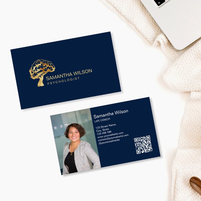 Brain Psychologist Therapist Psychiatrist QR Code Business Card (gold brain tree logo)