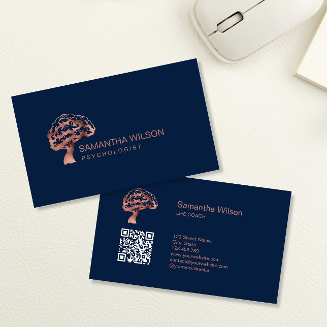 Brain Psychologist Therapist Psychiatrist QR Code Business Card (ROSE GOLD BRAIN TREE LOGO)