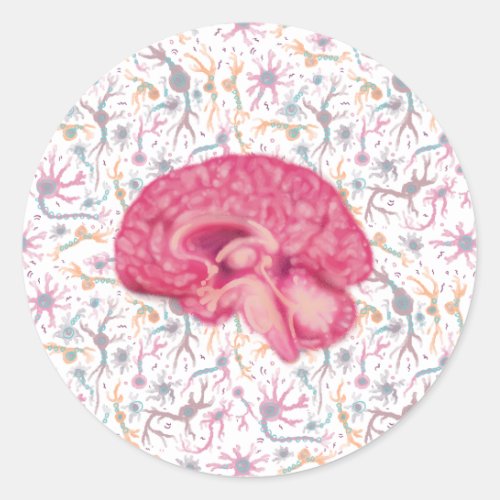 Brain Section View and Neuron pattern Classic Round Sticker