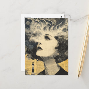 Brain Waves Lighthouse mixed media Collage Postcard