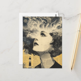 Brain Waves Lighthouse mixed media Collage Postcard