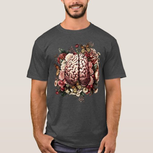 Brain with flowers psychology mental health front  T_Shirt