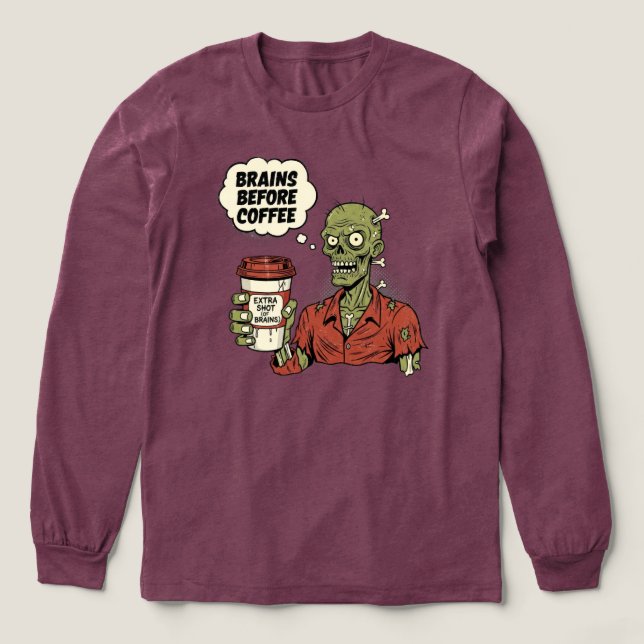 Brains Before Coffee Zombie Halloween Tri-Blend Shirt (Design Front)