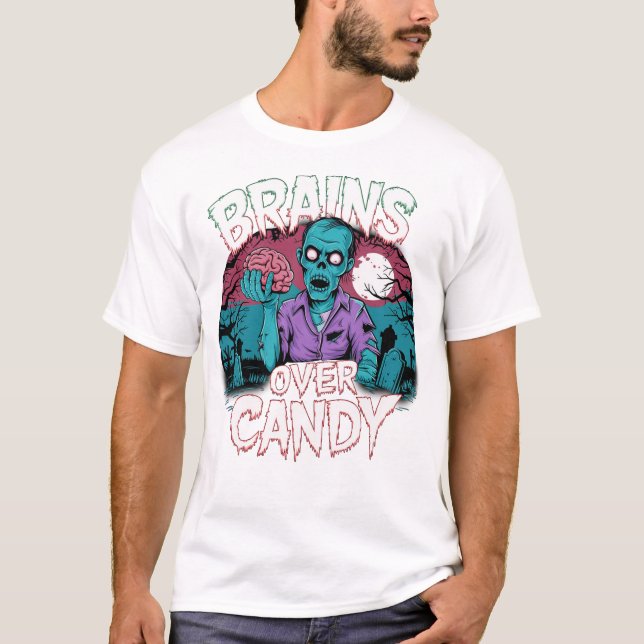 Brains & Blood Splatter – Scary Zombie Graphic Tee (Front)
