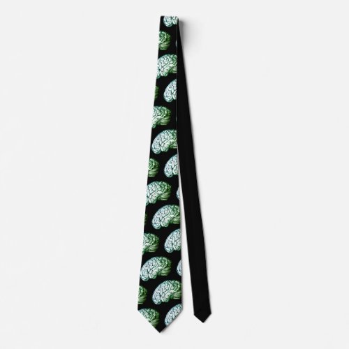 Brains Vintage Print Zombie Green  Black Necktie