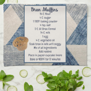 Bran Muffin Recipe On Abstract Blue Kitchen Towel