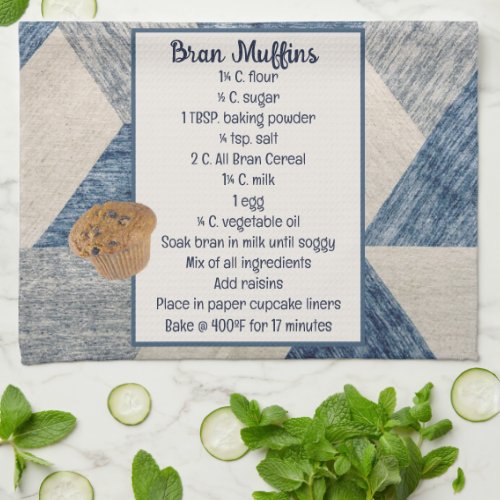 Bran Muffin Recipe On Abstract Blue Kitchen Towel