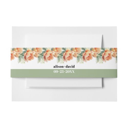 Brancη with peach rose flowers floral wedding invitation belly band