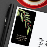 Branch and Berries Black Christmas Return Address Label<br><div class="desc">Personalized return address labels feature an elegant branch of greenery and red berries on a black background with your details in chic lettering. MATCHING items in our collection.</div>