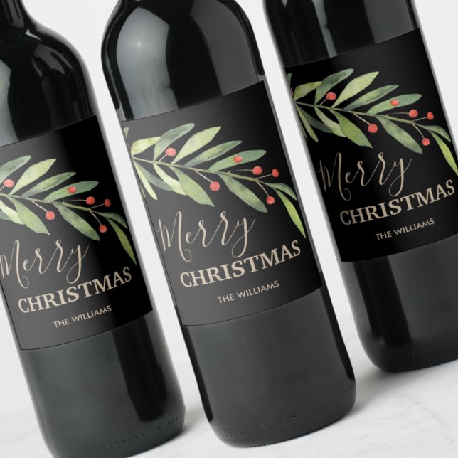 Branch and Berries Holiday Christmas Black Wine Label (Creator Uploaded)
