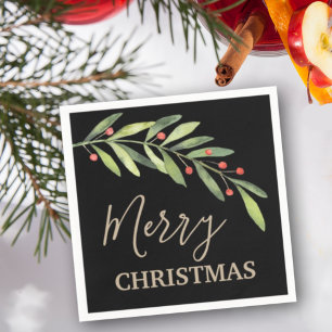 Branch and Berries Merry Christmas Black Napkins
