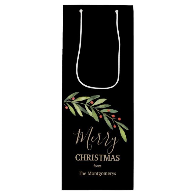Branch and Berries Merry Christmas Black Wine Gift Bag (Front)