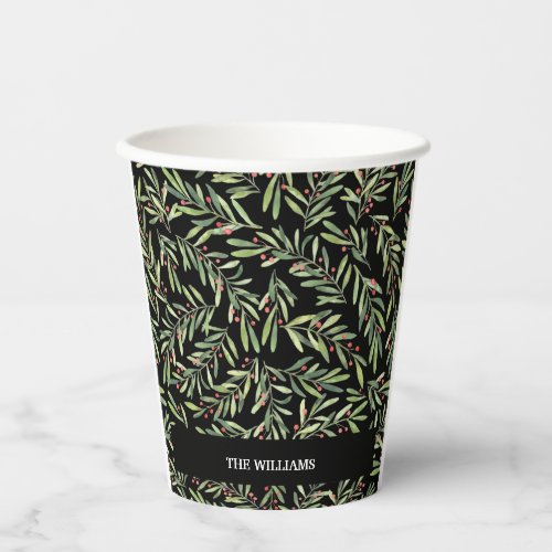 Branch and Berries on Black Holiday Christmas Paper Cups