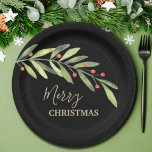 Branch Berries on Black Christmas Paper Plates<br><div class="desc">Paper plates in 2 sizes feature elegant greenery and berries with your message in chic lettering in any color (we show gold) and on any color background (we show black.) MATCHING items in our store.</div>