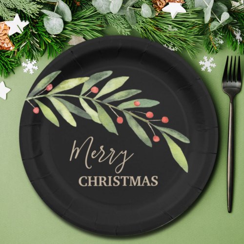 Branch Berries on Black Christmas Paper Plates